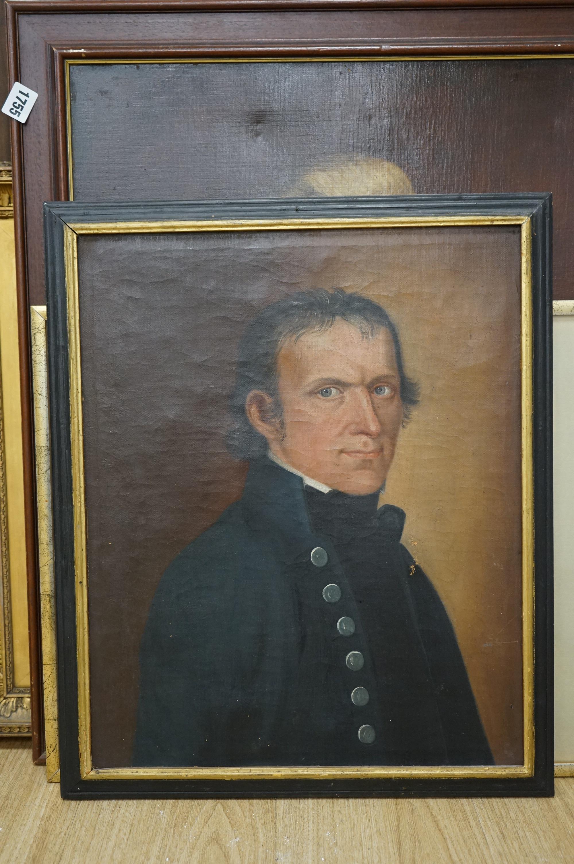 19th century, oil on canvas, Portrait of a gentleman wearing a frock coat, 48 x 39cm, housed in a gilt and ebonised frame
